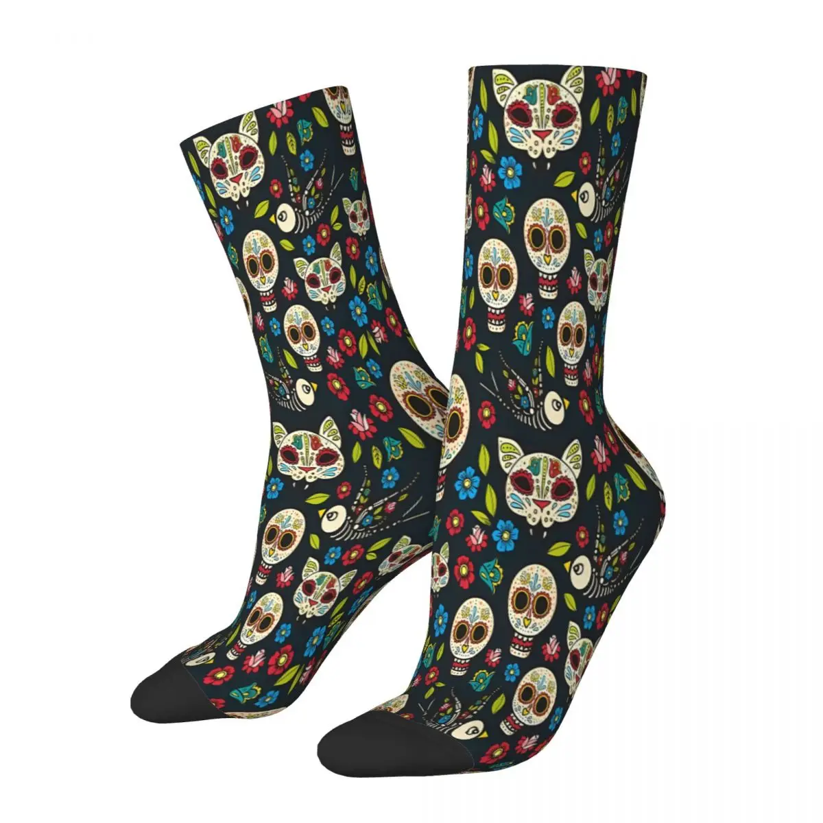 Cat Head Mexican Skull Halloween Day Of The Dead Sugar Socks Male Mens Women Winter Stockings Printed