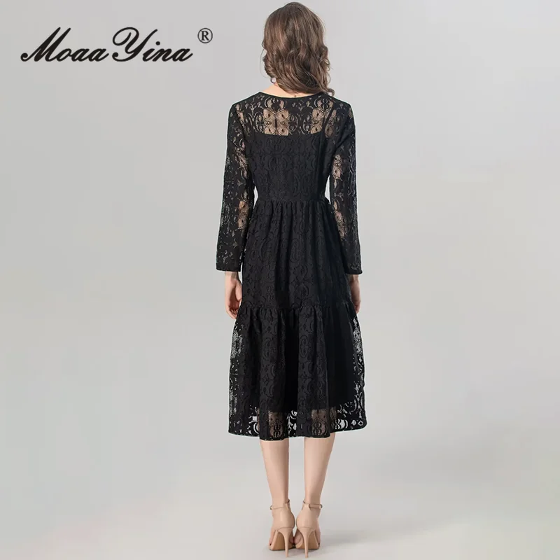 Moaayina-vestido vintage para mulheres, cor sólida, bordados, escavar, fivela de disco, pérolas, alta qualidade, recém-chegados, verão