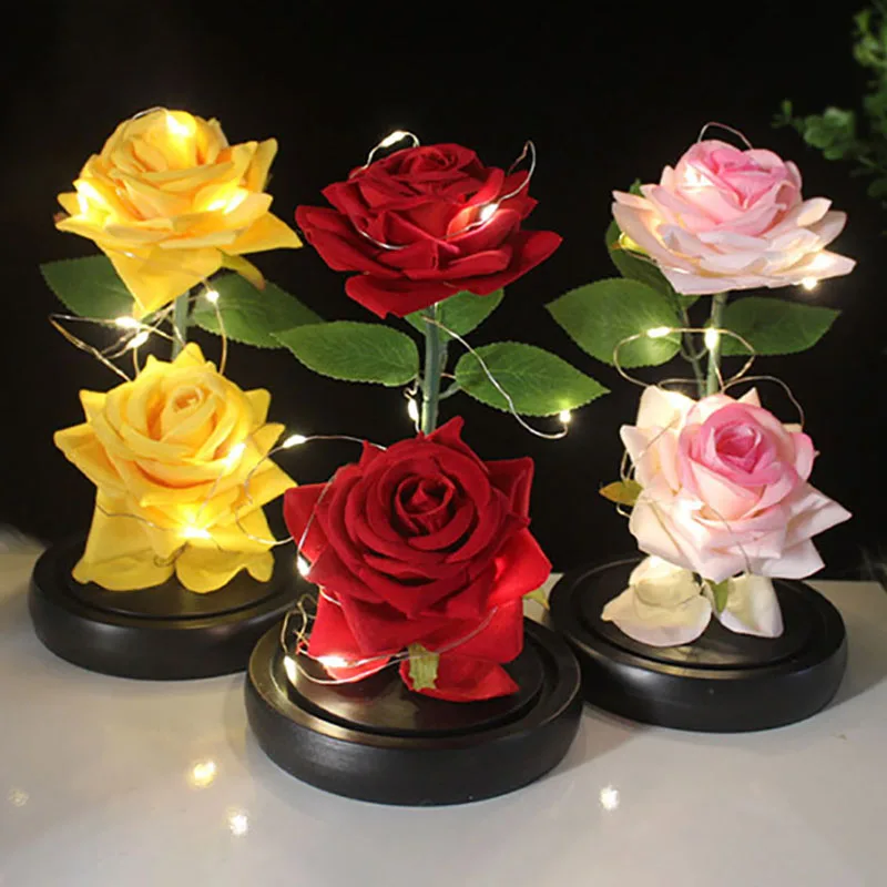 High quality Velvet Romantic rose glass light up flower artificial flowers floral gifts f girl boy friend Christmas valentine