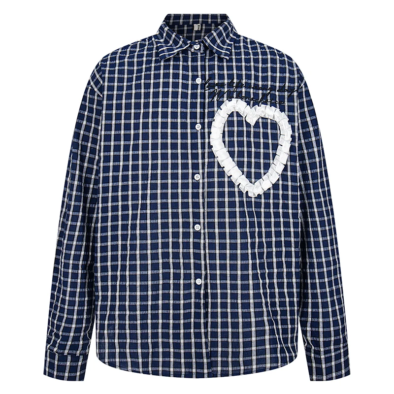 

Autumn Mens Long Sleeve Plaid Shirts Casual Loose Fit Button Up Blouses Ruffle Heart Design Checkered Tops Streetwear Clothing