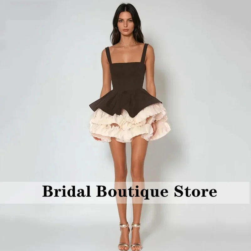 Cute A-Line Prom Dresses Sleeveless Contrast Color Satin Mini Tiered Party Dresses Girl's Dress vestidos Customized