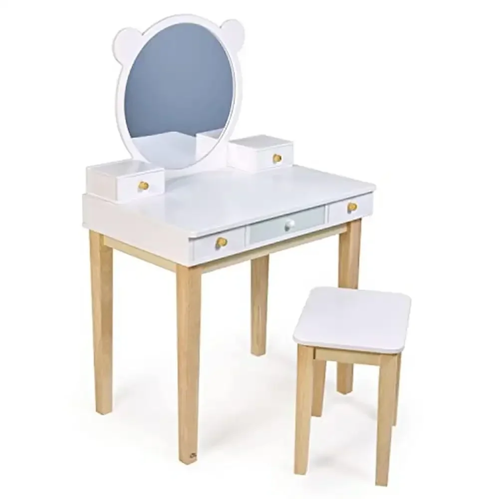 Child's Wood Dressing Table Set with Mirror and Stool Forest Theme Eco-friendly Storage Drawers