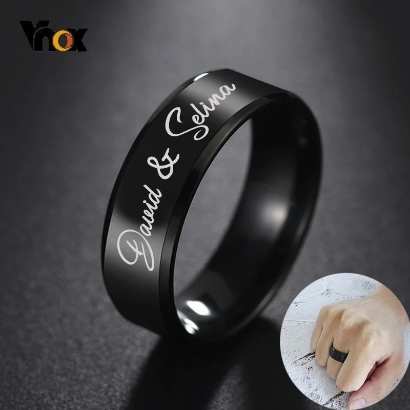 Vnox Customize Name Rings for Men Women Glossy Black Stainless Steel Classic Wedding Band Casual Basic Alliance Personalize Gift