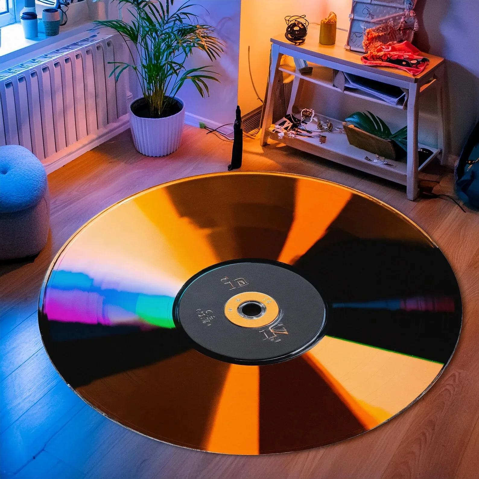 Golden CD Round Area Rug Retro Music Art Design Soft Fluffy Luxury Living Room Bedroom Decorative Carpet
