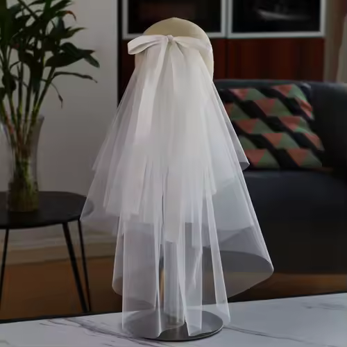 LA003 Bridal Veil Two-Layer Plain Tulle Satin Bow Handmade White Short Headdress Veil for Wedding Dress - Image 5