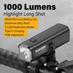 TOAGER 1000LM Bicycle Light Type C Rechargeable Headlights LED 21700 4500mAh IPX6 Waterproof Bike Light MTB Bike Accessories