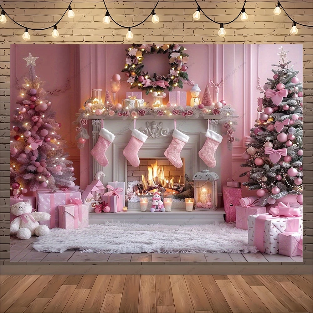 Pink Christmas Photography Backdrop Xmas Tree Fireplace Gifts Box Background Family Party Baby Shower Banner Decor Photo Studio