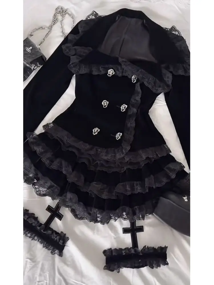 Gothic Palace Style Lace Black 2-piece Set Women High Street Darkly Slim Patchwork Cross Cake Skirt Suit Y2k Hot Girl Outfits