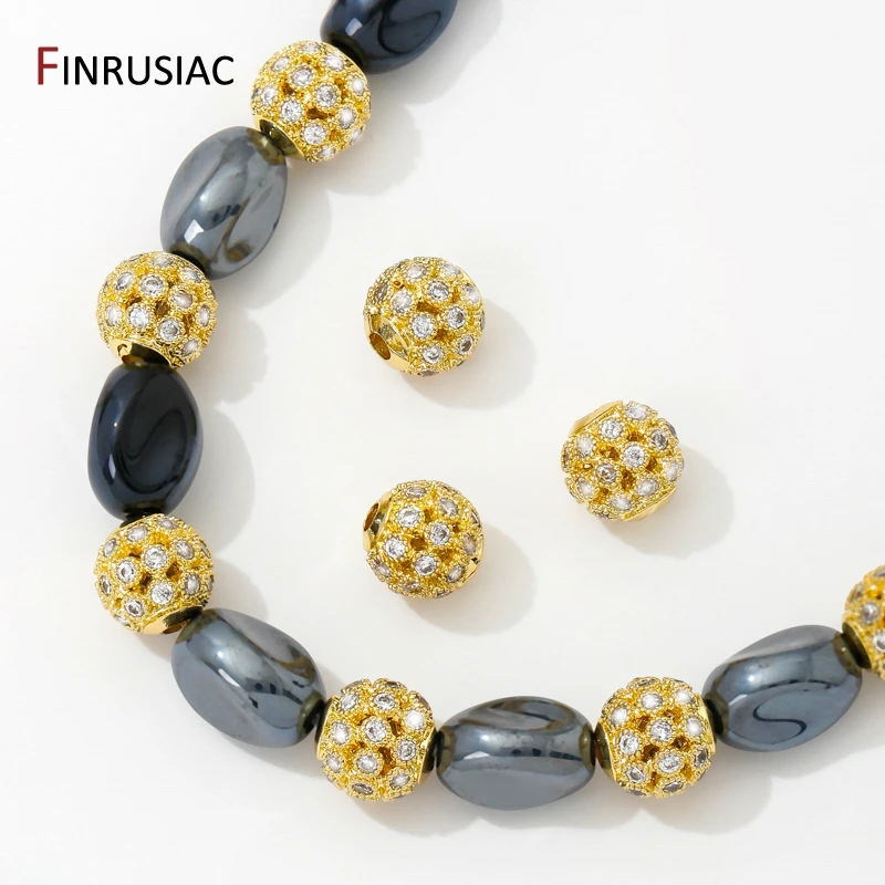 18K Gold Plated Brass Hollow Round Beads,8mm Ball Beads,Inlaid Zircon Spacer Beads For DIY Bracelets Neckalce Making Accessories