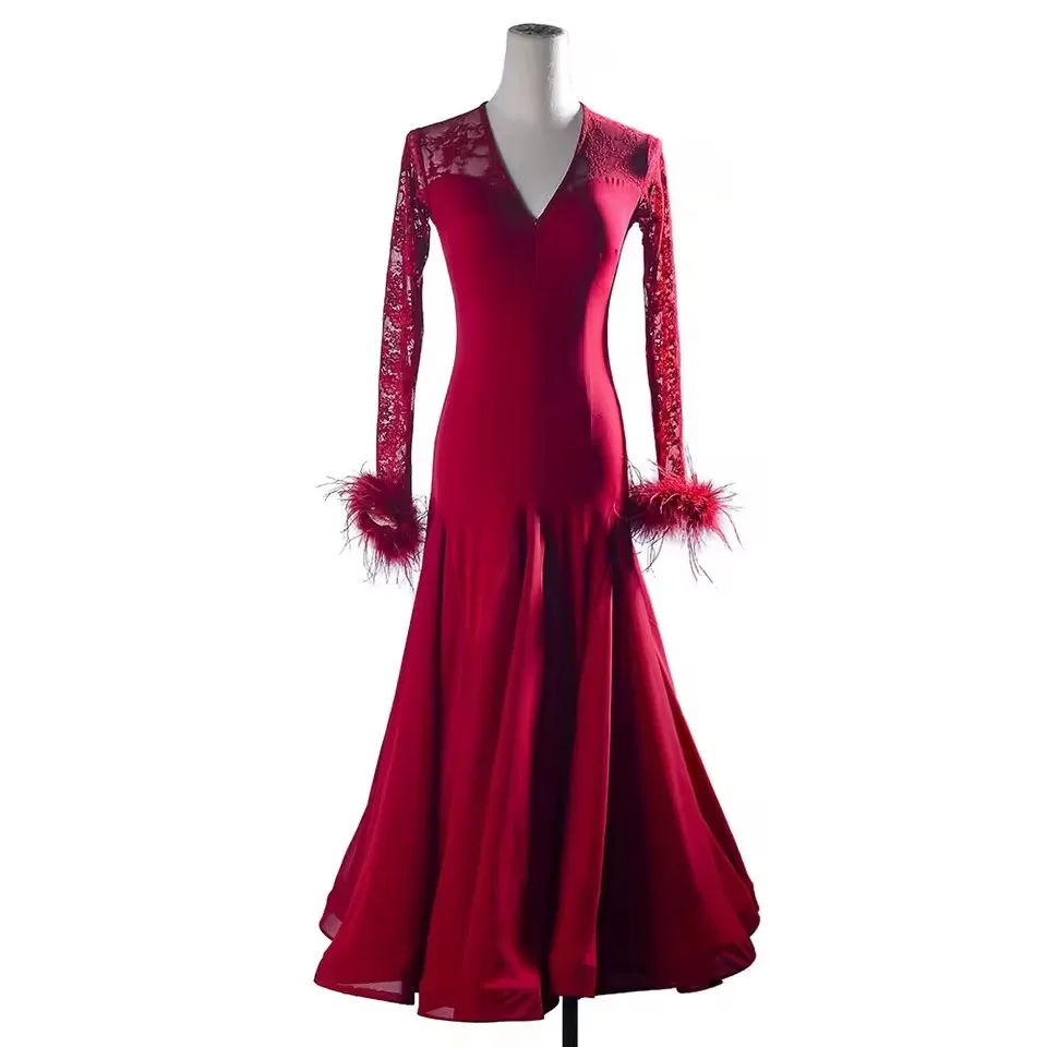

Women's Modern Dance Dress Ballroom Practice Wear Long Sleeve Slim Fit Fishbone Corset Flared Swing Dress for Waltz Foxtrot
