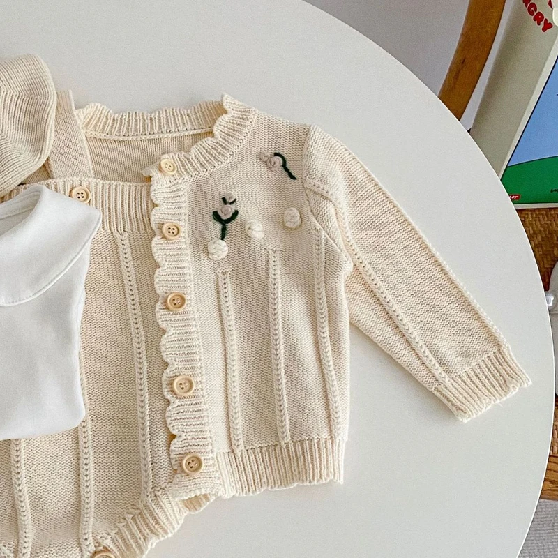 Autumn and Winter New Baby Clothing Fashion Cute Girl Sweater Cardigan Flower Embroidered Apricot Coat+Knitted Sweater Set