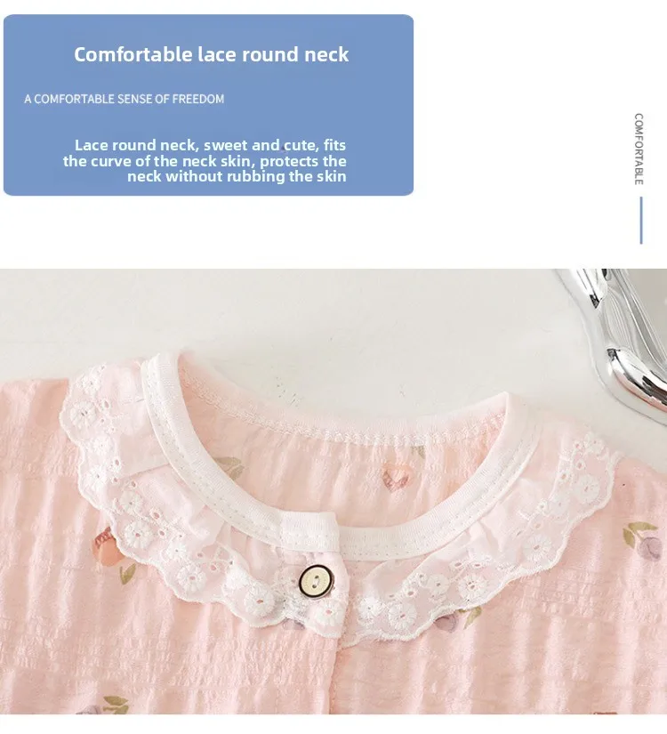 Sommer Mädchen Blumenmuster Langarm Hauskleidung für Klimatisierte Räume Kinder Atmungsaktive Spitze O-Ausschnitt Pyjama-Sets Kinderschlafanzüge – Detail 4