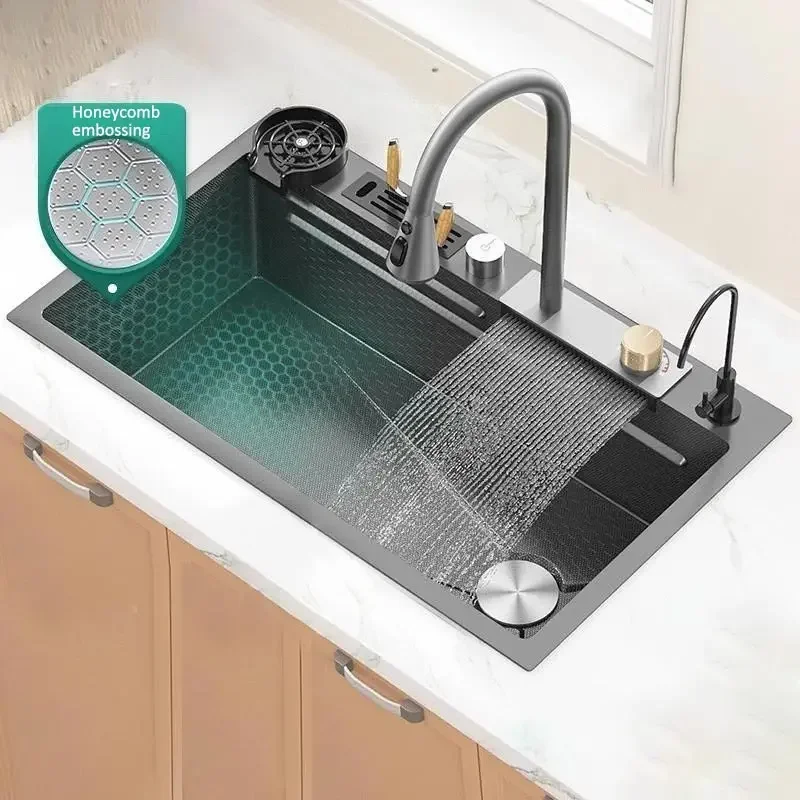 

Stainless Steel Waterfall Kitchen Sink New Honeycomb Embossed Large Single Slot Apartment Wash Basin for Kitchen