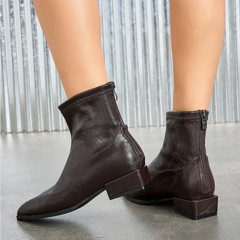 

Aneikeh 2026 Spring Autumn Fashion Street Style Pointed Toe Zipper Ankle Boots Women Short Booties Square Low Heels Ladies Shoes