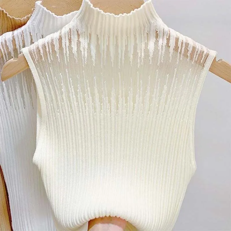 

Women's Clothing Elegant Fashion Solid Tanks Summer Casual Loose Half High Collar Top Office Lady Hollow Out Mesh Patchwork Tees