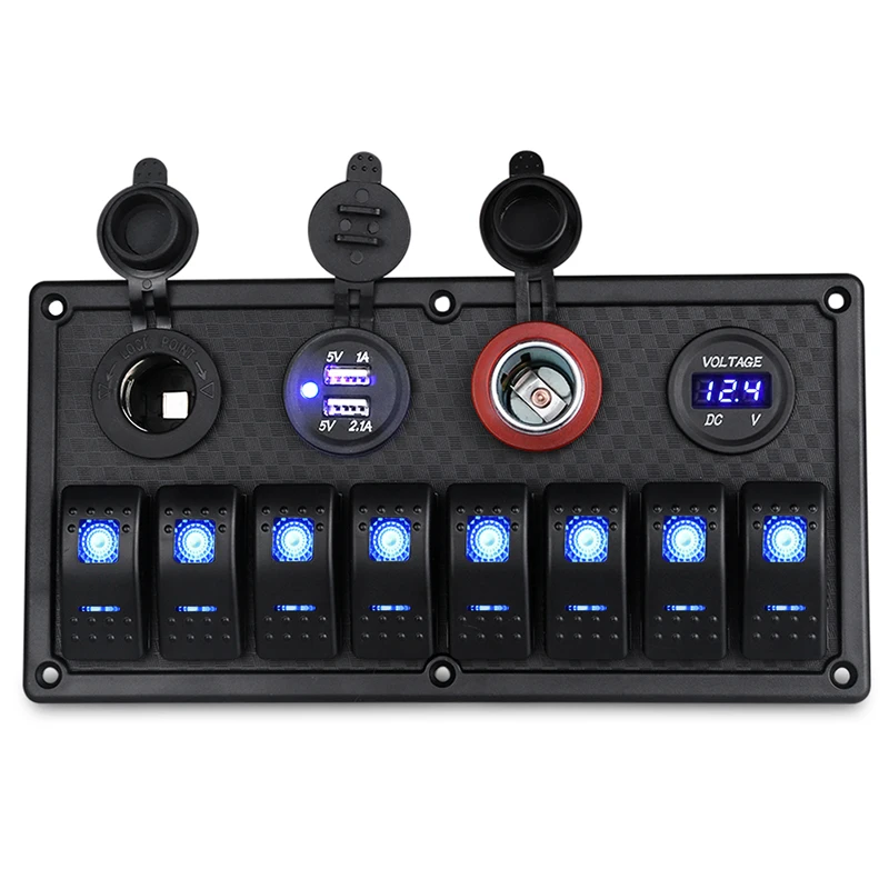 

12v 24v 8 Gang Outlet Combination Switch Car Boat Switch Pane Rocker Switch Panel Digital Voltmeter Dual USB Port Cigarette