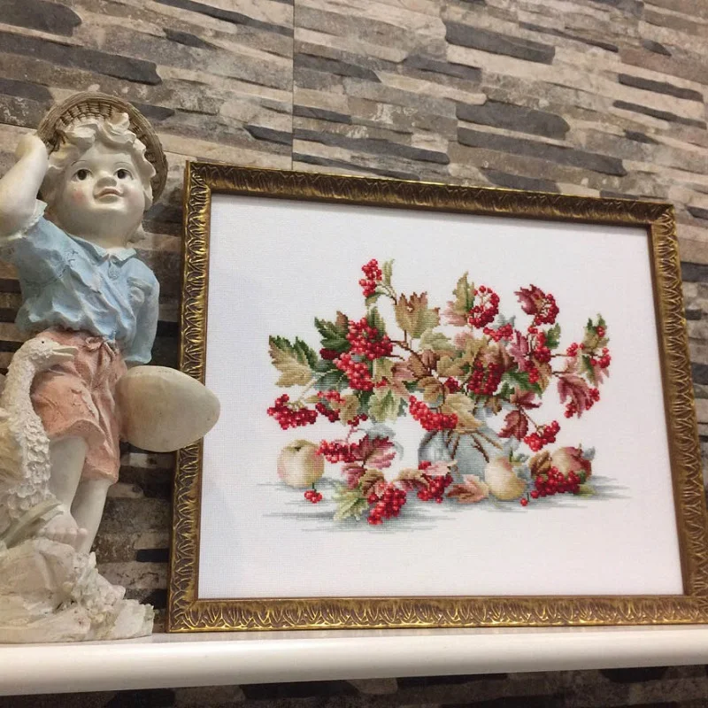 

Modern Simple Style DMC Cross Stitch Kit Living Room Restaurant High CT Printed Fruit And Flower Cotton Fabric White Color