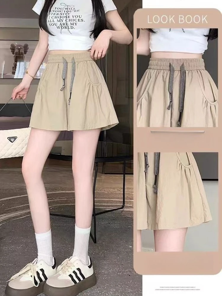 여성용 여름 2026 얇은 치마 요가 핫팬츠 아이스 실크 야마모토 와이드 레그 쇼츠 솔리드 컬러 포켓 레이스업 숏팬츠