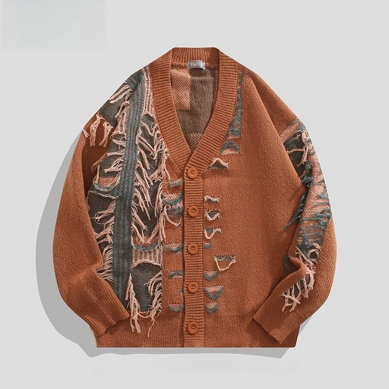 New American High Street Black Color Block Cardigan Sweater for Men Cool and Handsome Coffee Color Tassel Design Knitted Sweater