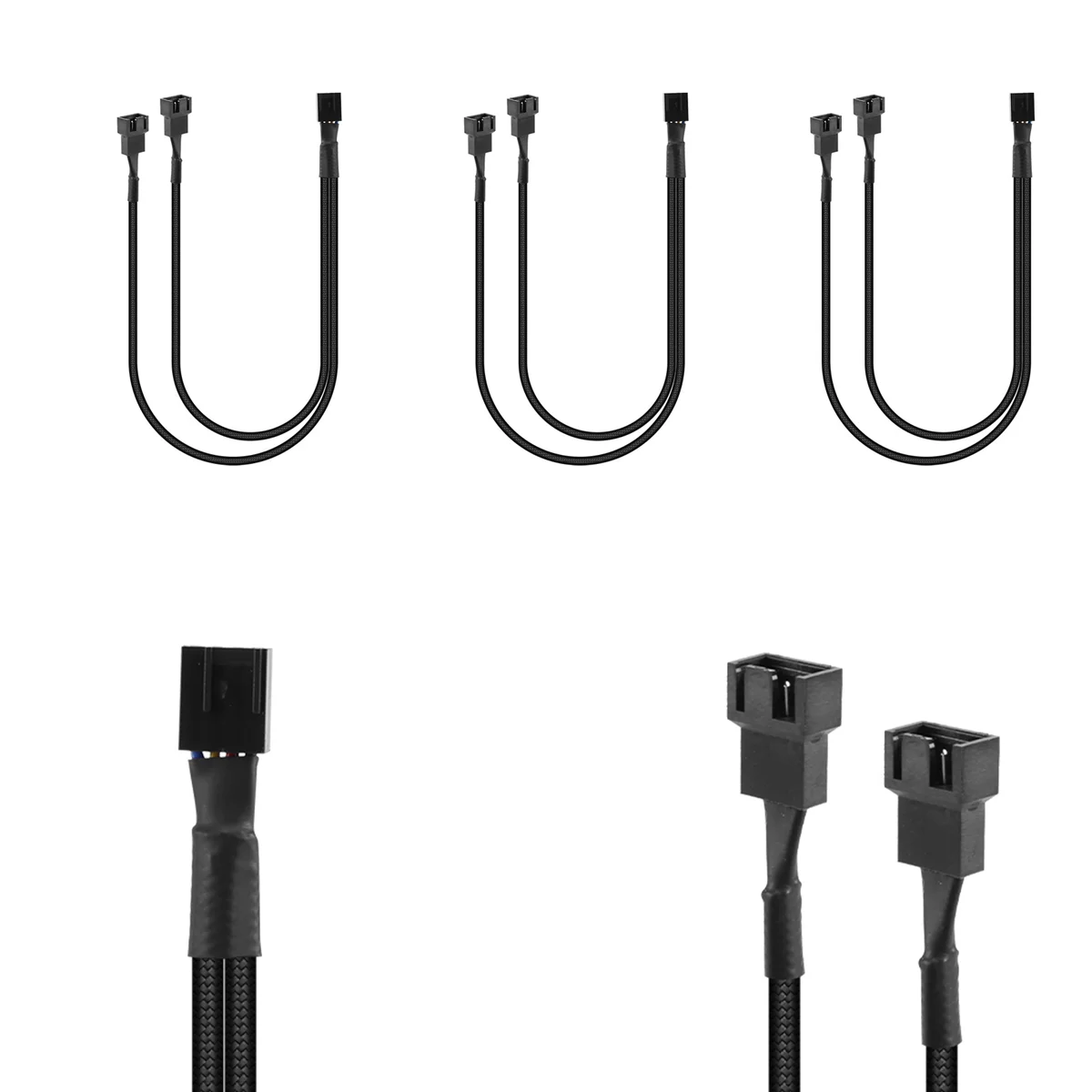 4 แพ็คพัดลม PWM สายแยก Y Splitter คอมพิวเตอร์ PC พัดลมสายไฟ 4 ขา 1 ถึง 2 Converter, แขนยาวสีดําถัก