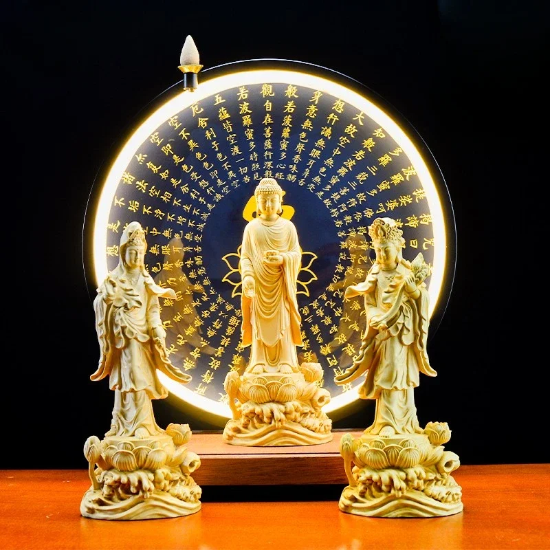 Hand Carved Boxwood Buddha Statue Western Triple Buddhist Deity Figurine Zen Meditation Home Decor Art Craft Gift
