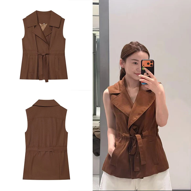 GuobioziySolid Brown Sleeveless Windbreaker Vest Women Lapel Self Tie Waist Casual Loose Pocket Waistcoat Street Outer Top