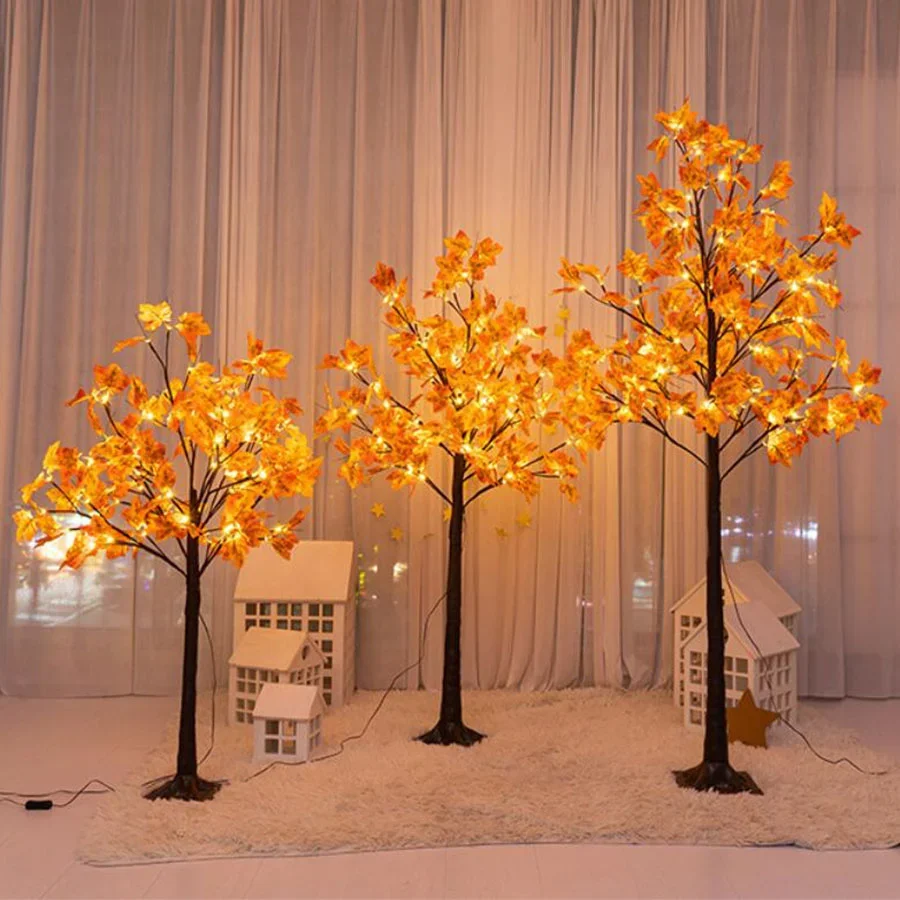 Lighted Maple Leaf Tree 1.8M 2.1M Prelit สีส้มประดิษฐ์ฤดูใบไม้ร่วงต้นไม้สําหรับสวนกลางแจ้งงานแต่งงานวันขอบคุณพระเจ้า Decor