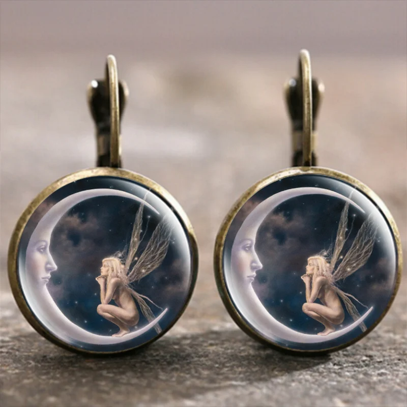 Hot Selling Popular Jewelry Dome Glass Alloy Earrings Moon Angel Retro Fashion Gift