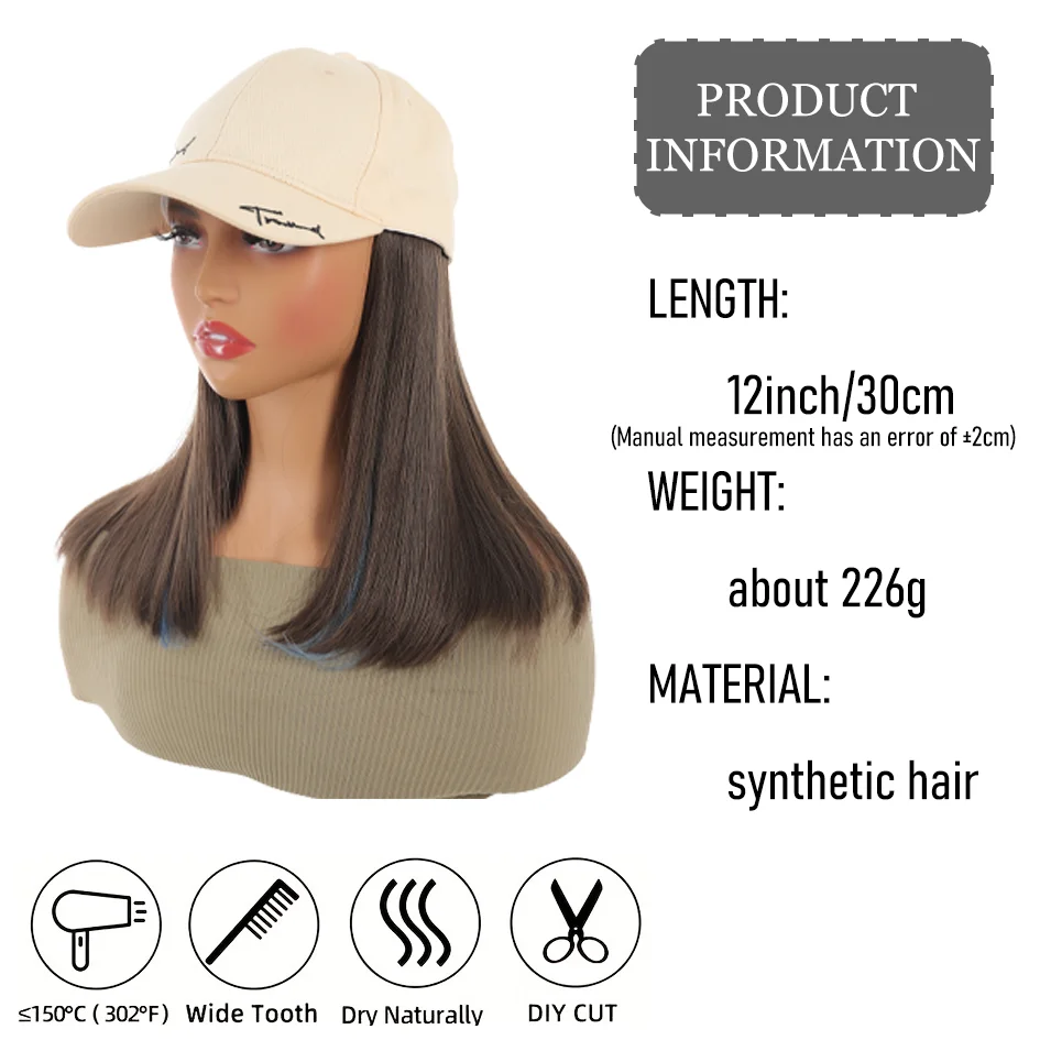 Allaosify topi bisbol bordir wanita, topi ekstensi rambut lurus sulaman huruf krem muda 12 inci rambut sintetis