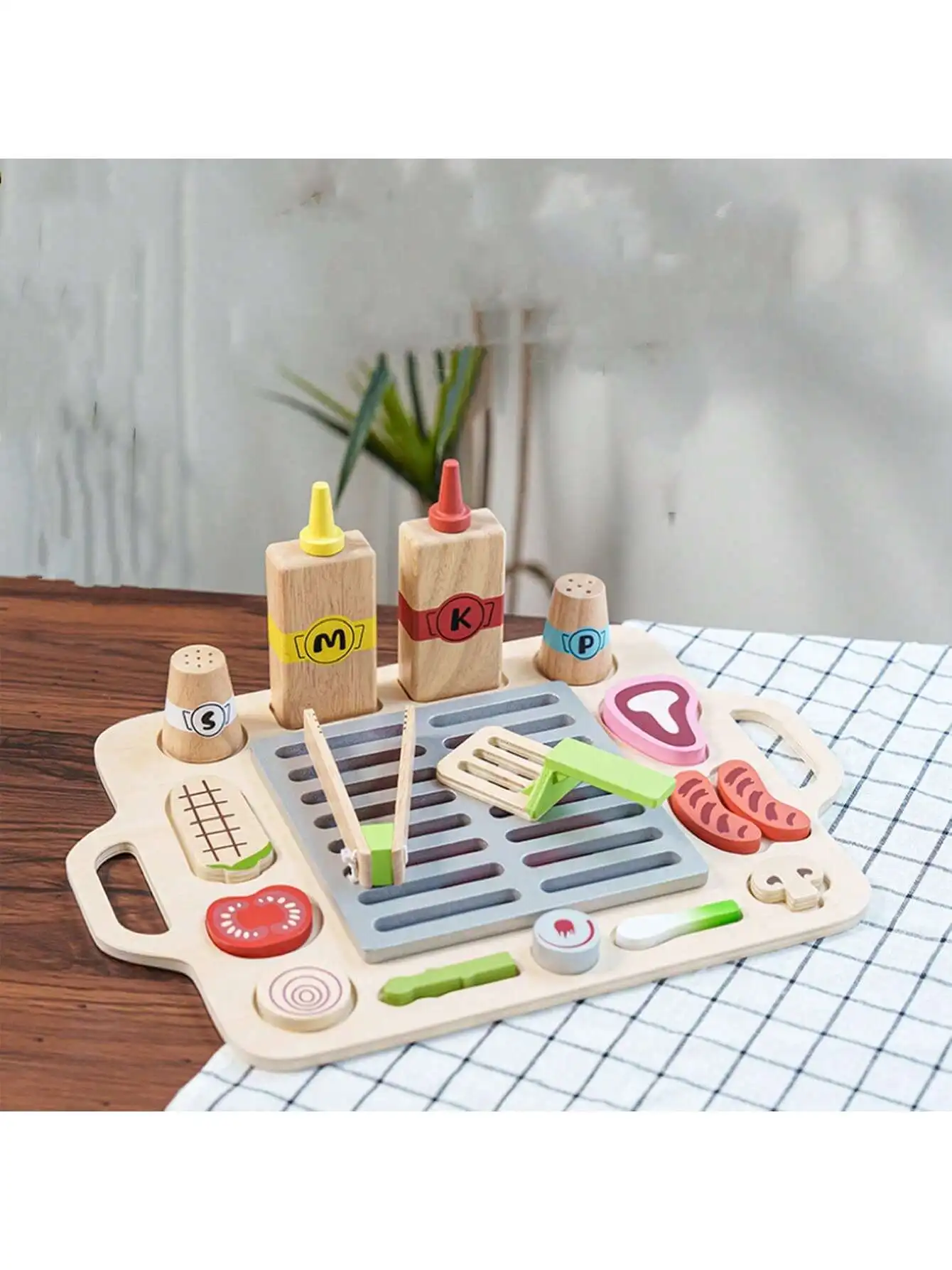 

Early education childhood education puzzle children's wooden barbecue tray toys exercise hands-on ability, food cognition, paren