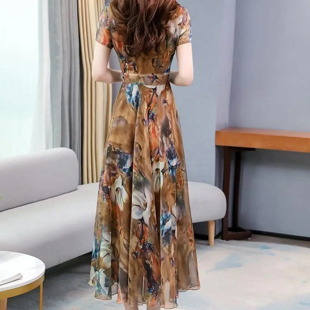 Women Party Dress Elegant Floral Print Maxi Dress A-line Big Swing Summer Dresses Retro Ice Silk Pleated Prom Evening Dress