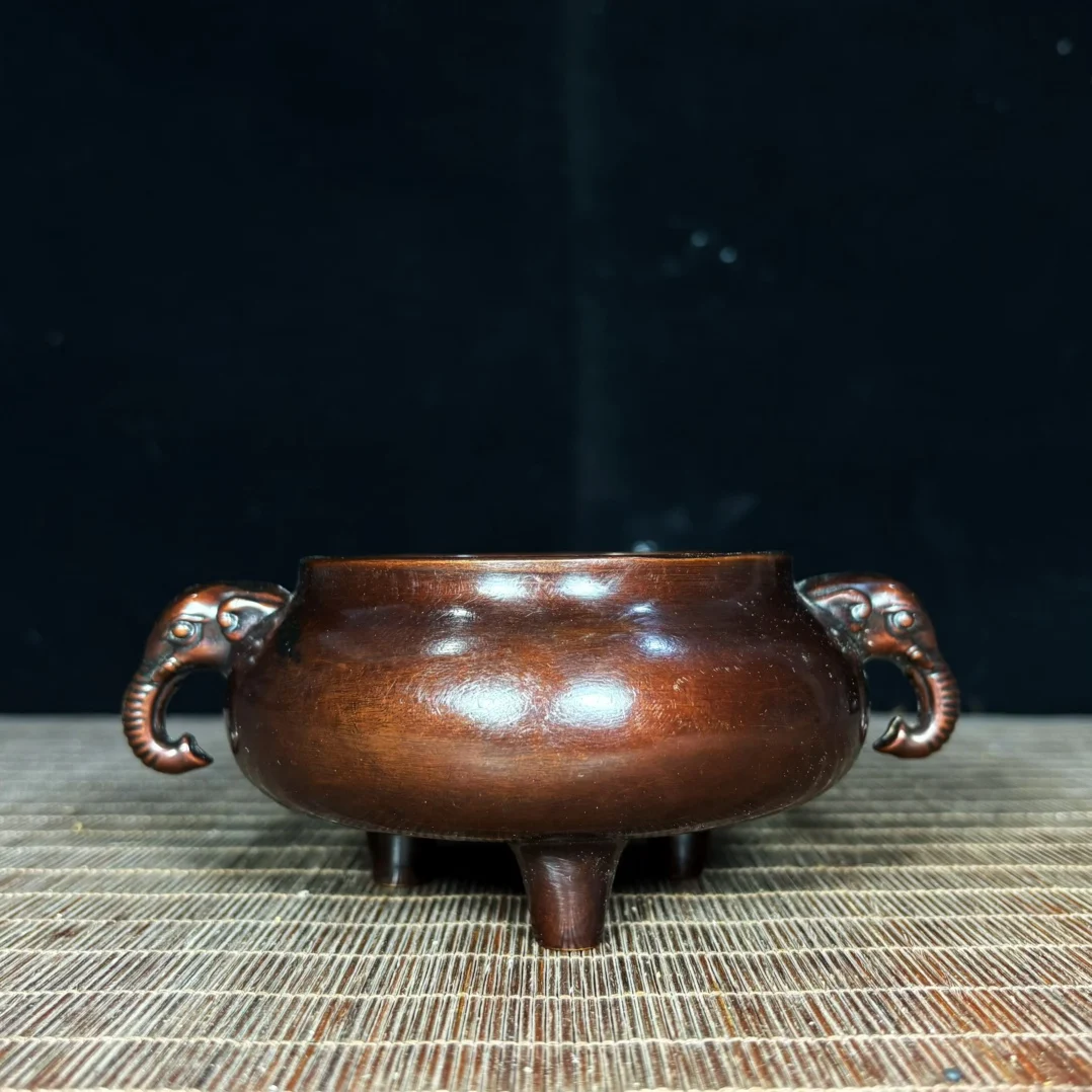 Antique brass gilt three-legged double elephant ear cornucopia line incense burner home Buddhist hall offering ornaments 16 cm