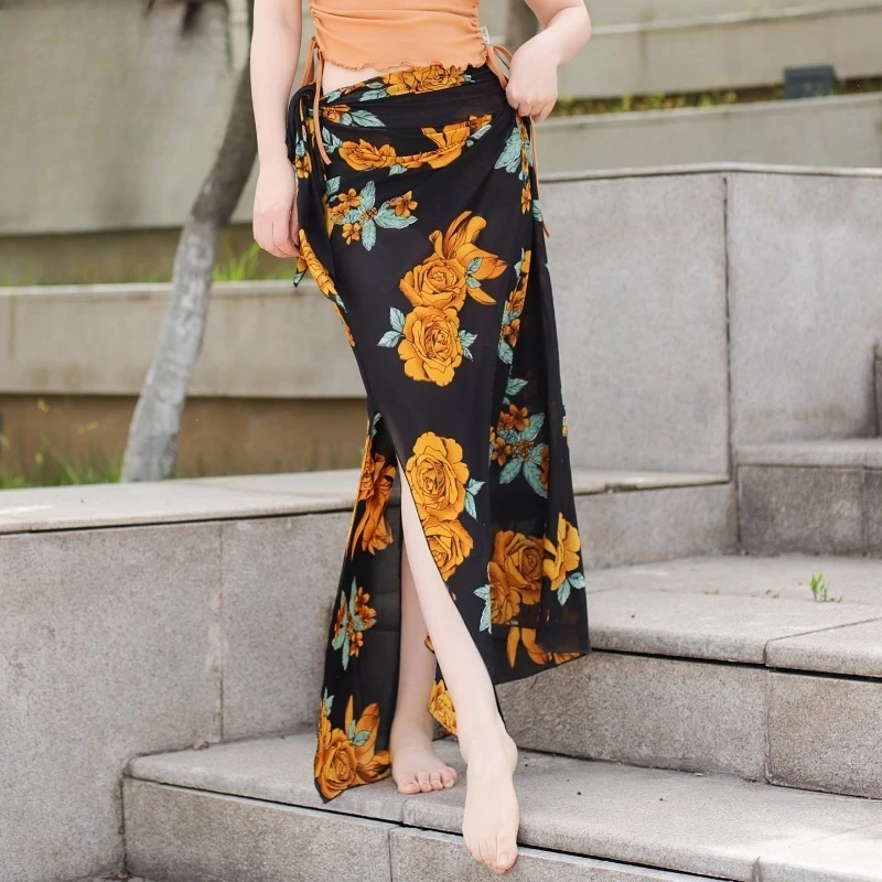 

Костюм для танца живота по индивидуальному заказу, большая юбка с цветочным принтом, длинная юбка на бретелях, одежда для восточных танцев, платье для выступлений, тренировочная одежда