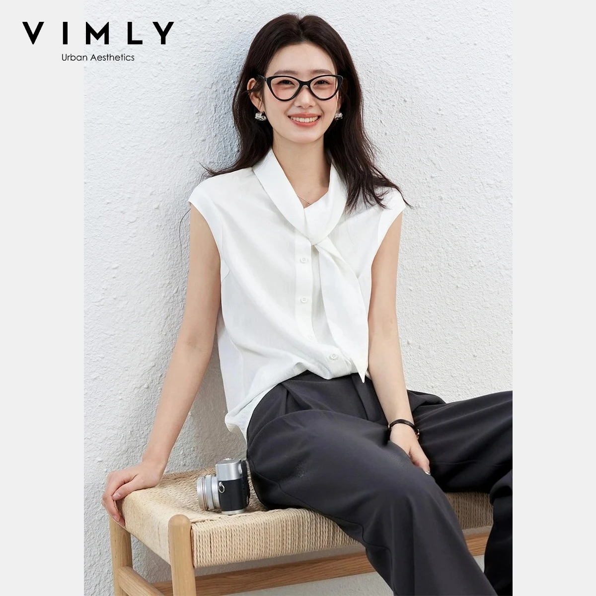 

VIMLY Women's Versatile Sleeveless Blouse 2026 Summer New White Sash Tie Neck Minimalist Casual Straight Office Shirt A5256