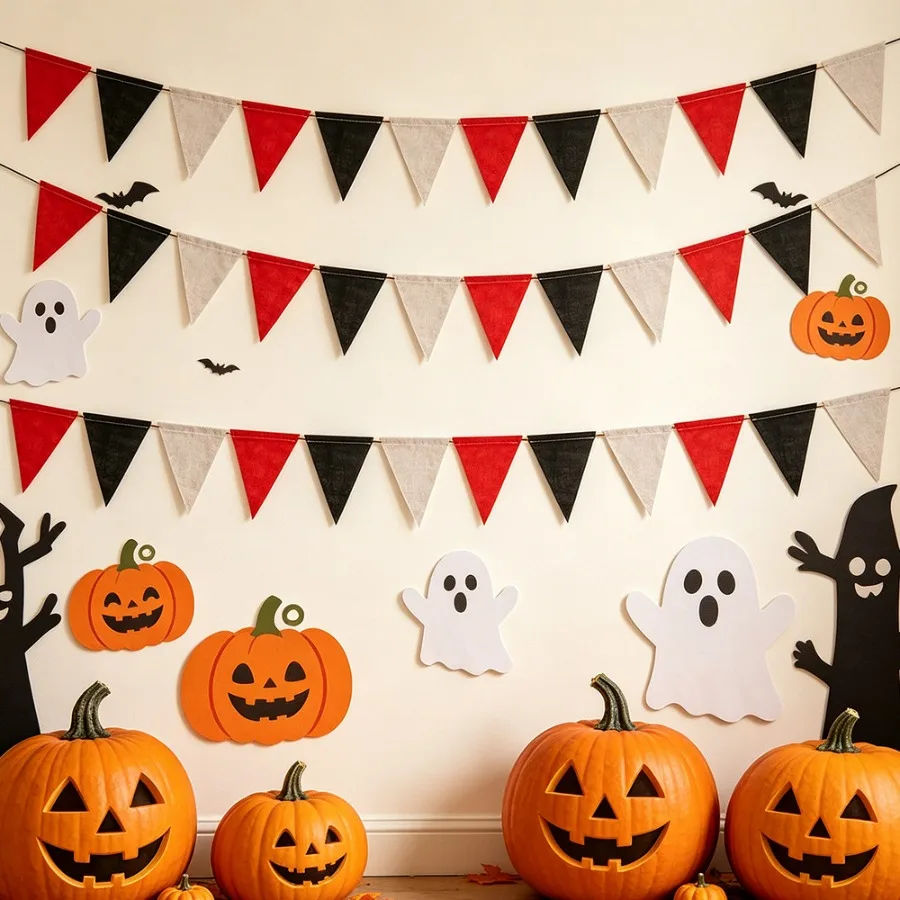 Guirlande de fanions vintage colorés en jute et lin pour décorations de fête d'Halloween et de Noël, bannière suspendue pour la décoration intérieure