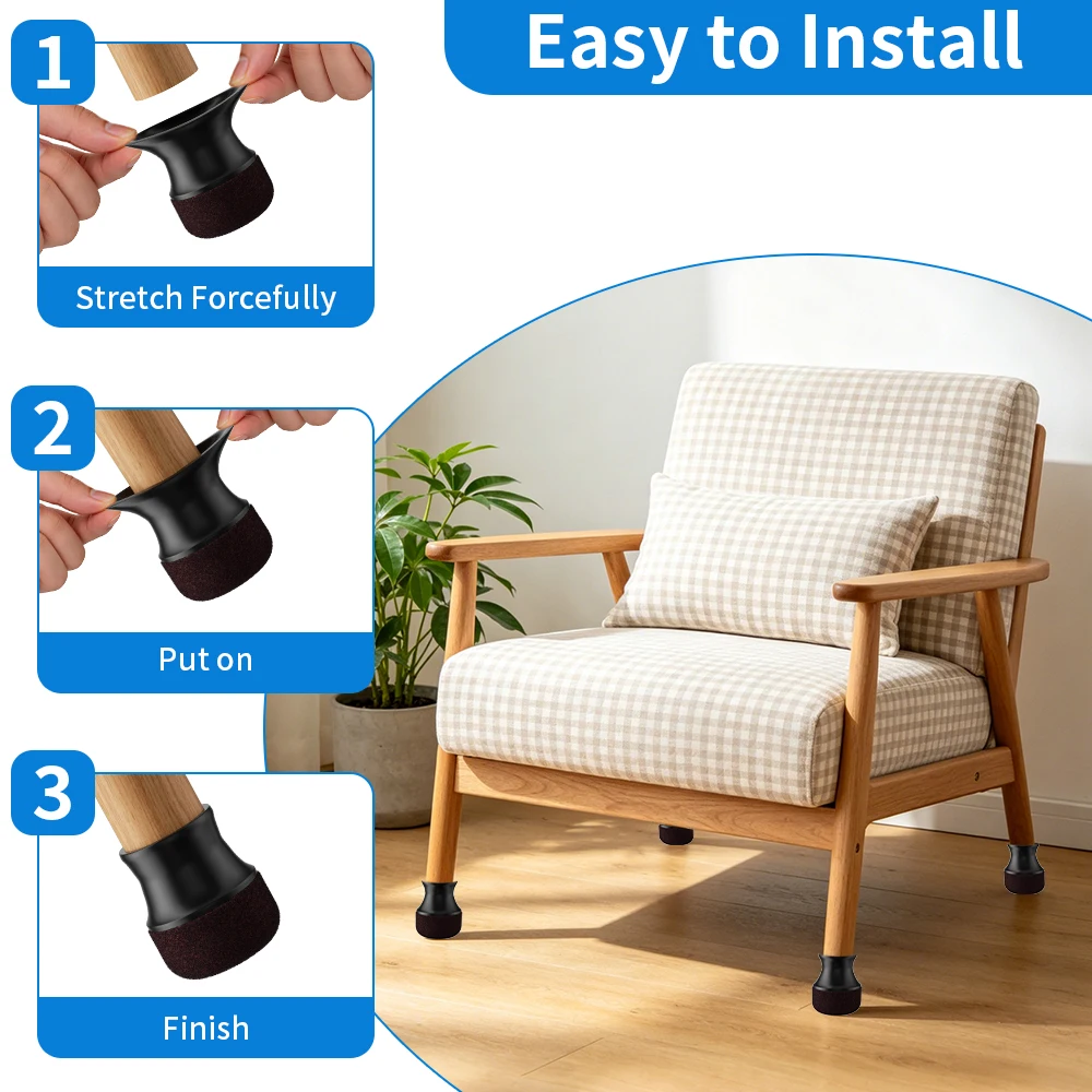 16PCS Round Chair Leg Protectors Silicone Chair Leg Caps Thickened Felt Bottom Anti-Slip Furniture Feet Pads for Hardwood Floors