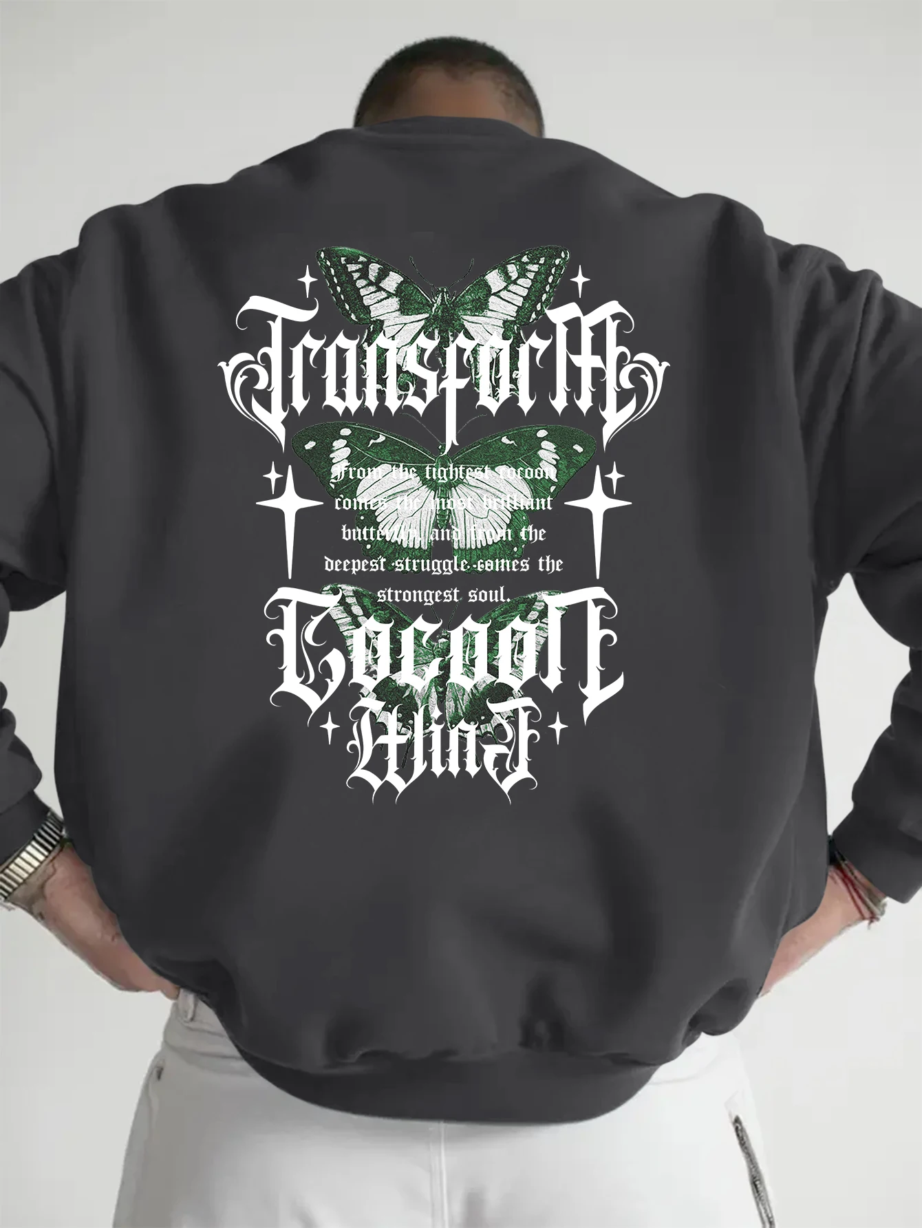 Men Black Oversized Crew Neck Pullover, Back Green White Butterfly Gothic 