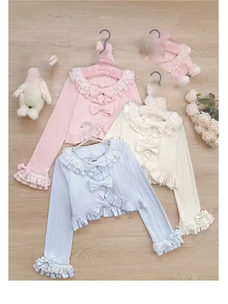 Cappotto maglione con fiocco in pizzo dolce autunno inverno Cappotto cardigan lavorato a maglia stile Lolita giapponese Kawaii da donna Top corto sottile carino