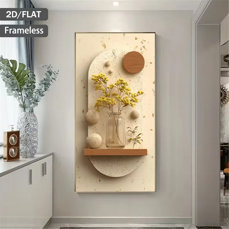 2D Flat, 2D Flat 1pc 39.37*78.74in/100*200cm UnFramed Yellow Flowers in Glass Vase on Shelf with Stone Decor Print Art Wall Art