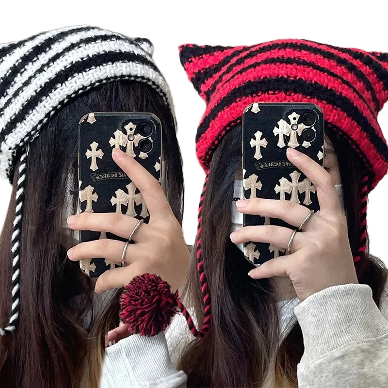 New Cute Devil Knitting Striped Beanie Hat 2022 Autumn Winter Knitted Wool Caps Girls Cat Ear Pointed Pullover Women Bonnet Hats