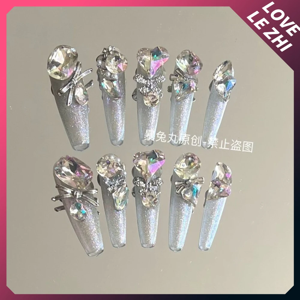 10Pcs 3D Glitter Rhinestone Long Stiletto Handmade Press On Nails Y2K Metal Long Coffin Flower Detachable Patch Nail Art Gift