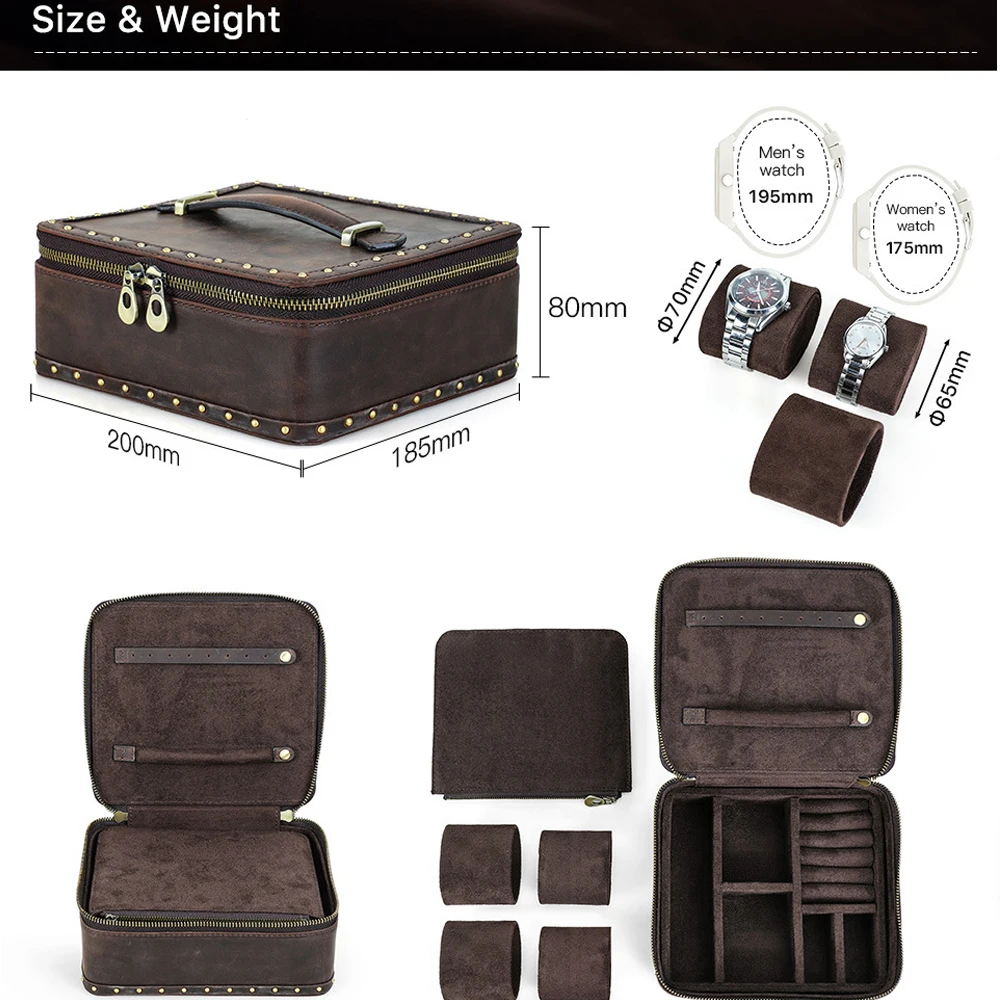 Retro Crazy Horse Leather Watch Box Suitcase Style Rivet Design Genuine Leather Jewelry Storage Organizer for Rings Watches