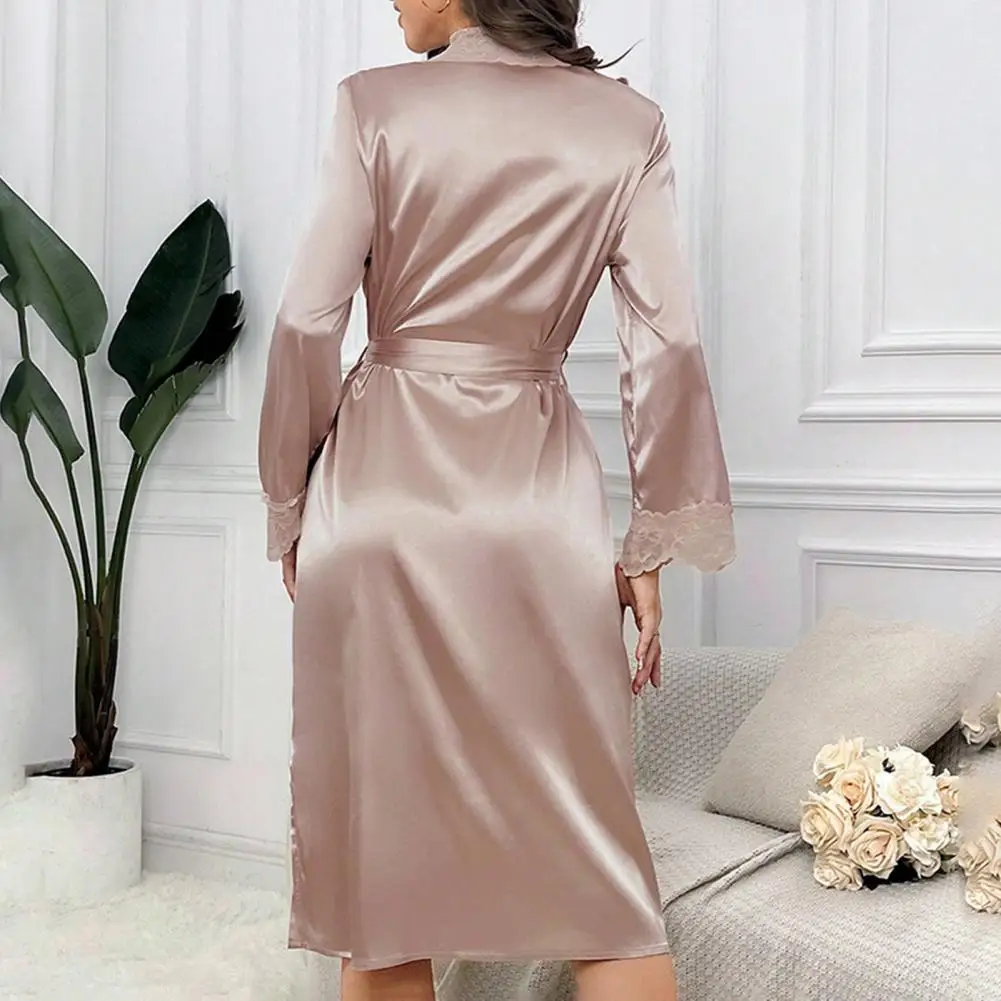 

Женский атласный халат с кружевной отделкой, шелковистое кимоно, халат подружки невесты, пижамный халат, одежда для отдыха на свадьбу, одежда для сна с длинными рукавами и v-образным вырезом