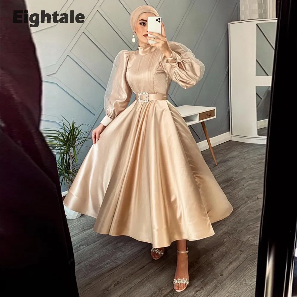 Eightale Champagne Prom Dress Long Sleeves Short Evening Gown Belt Ladies Dresses for Special Occasion Vestido De Fiesta De Boda