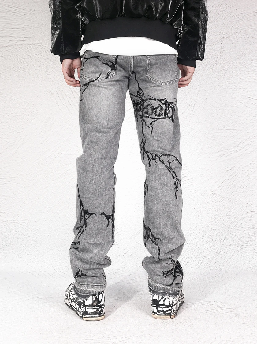 Avant-Garde Style Pants Hand-painted Drip Glue Brush Wax Heavy Washing Stretch Jeans Men Autumn