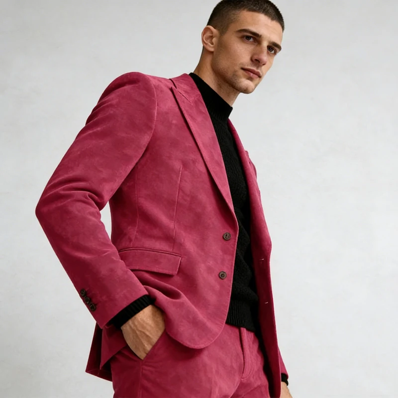 Men's Luxury Suede Tuxedo Suits with Multiple Pockets Slim Fit Blazer+Pants Peak Lapel 2 Pieces Set Macaron Jacket Trousers