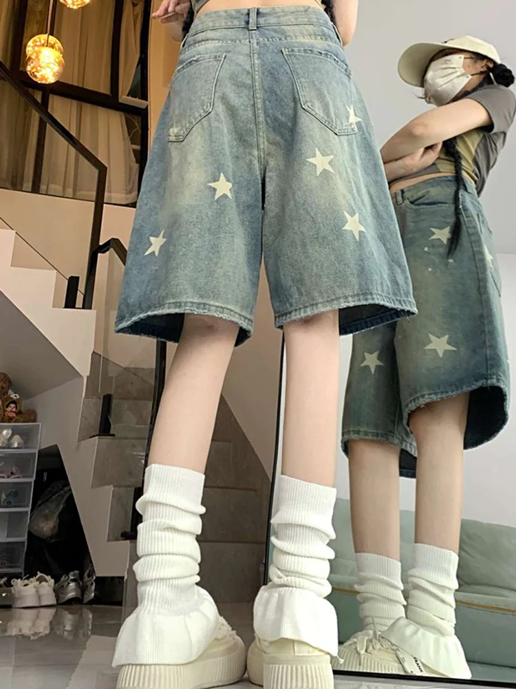 Women High Waist American Retro Washed Wide Leg Jeans Girls Street Do Old Star Loose Denim Pants Female Blue Knee Length Shorts