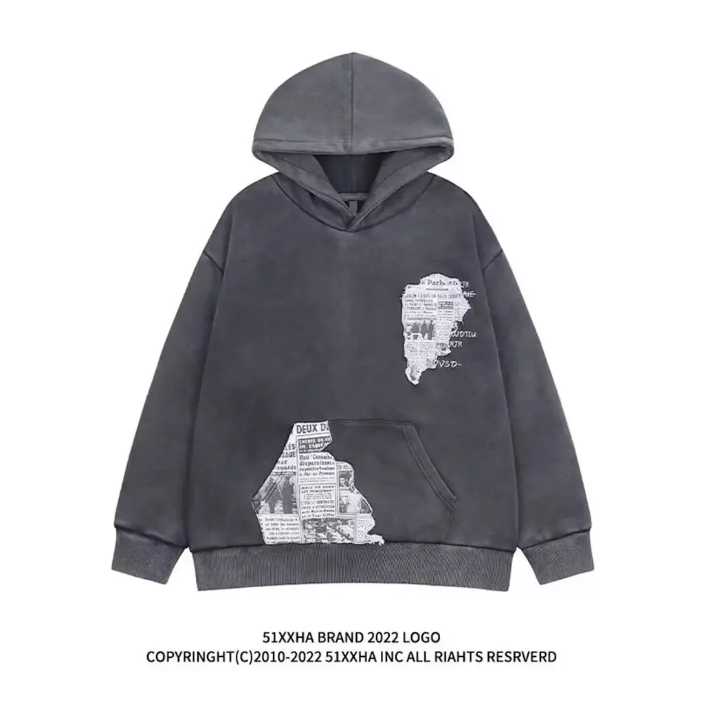 

autumn and winter trendy brand washed old newspaper hooded sweatshirt for men and women street retro patch plus velvet hoodie