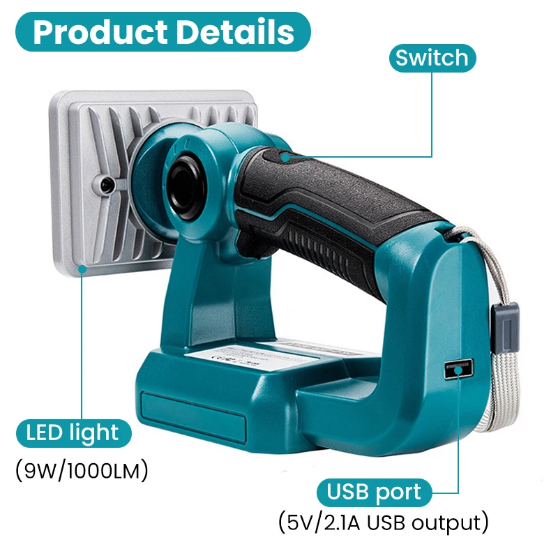 9W 1000lm 3 cale latarka LED odkryty Camping reflektor dla Makita 14.4V 18V akumulator litowo-jonowy BL1430 BL1830 BL1850 BL1860B