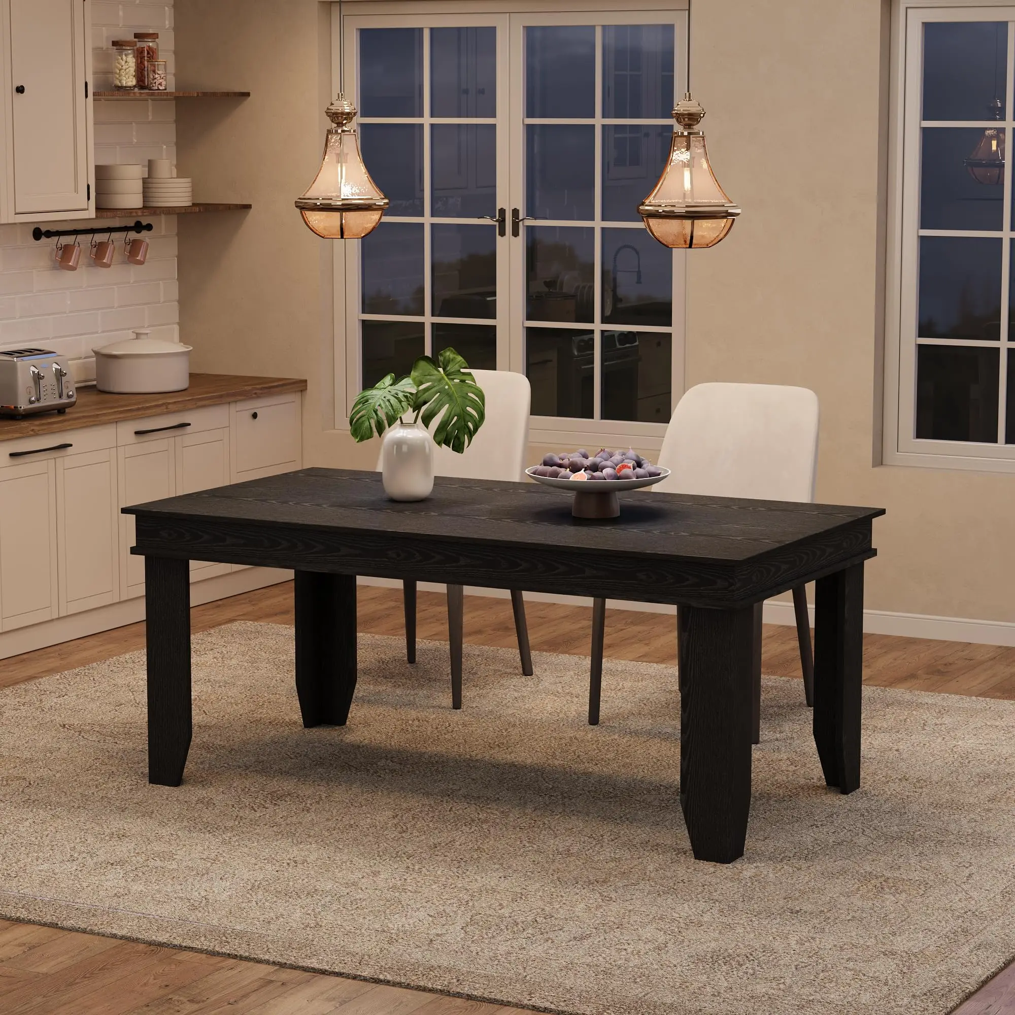 GarveeLife Dining Table for 6-8 People, 70.87 Inch Farmhouse Wooden Dinner Table with Sturdy Legs, Rustic Brown Rectangle Kitchen and Dining Room Table for Apartment, Living Room, Restaurant，BLACK